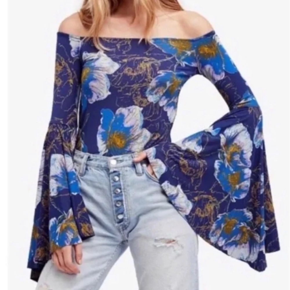 Free People | Birds of Paradise Blue Off Shoulder Floral Bell Sleeves Top Size S - Picture 1 of 9